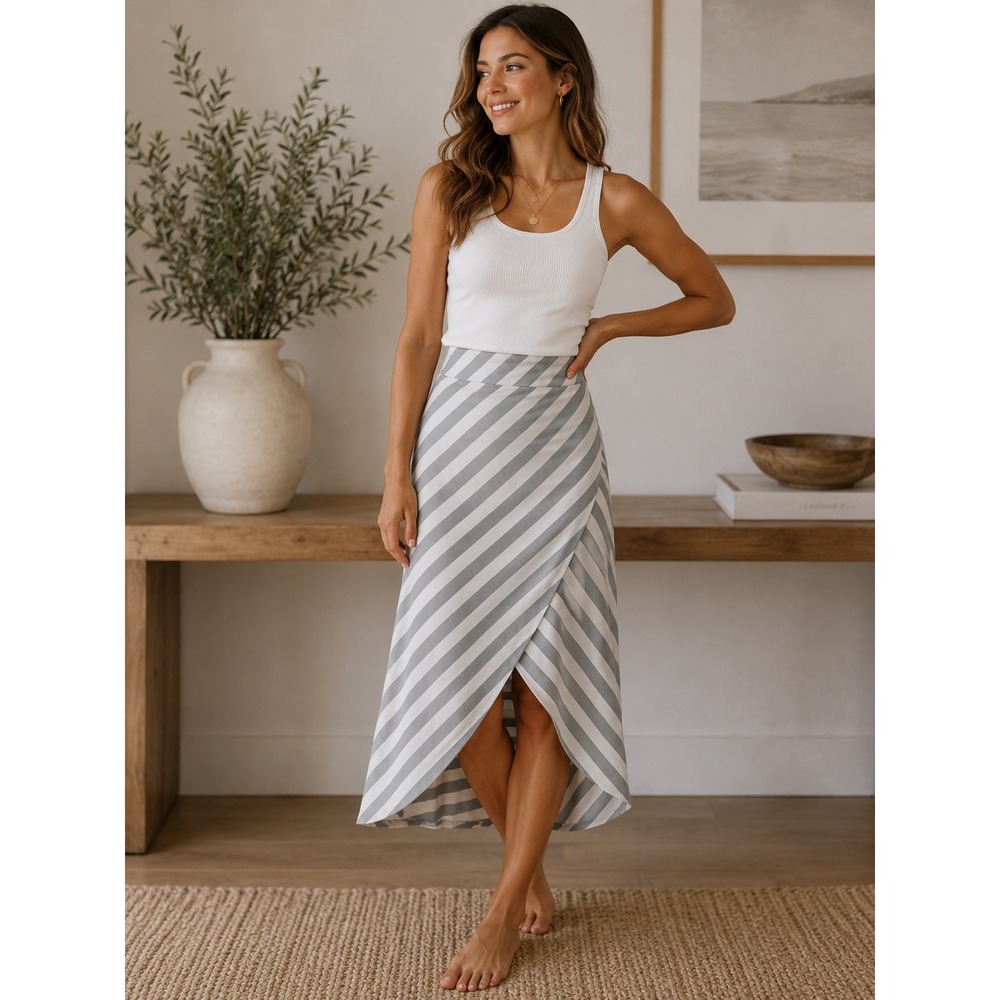 Athleta Skirt Womens Large Grey‎ Striped High Low Wrap Coastal Athleisure 983337